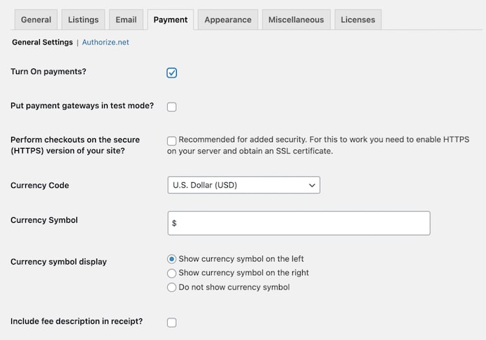Business Directory payment settings