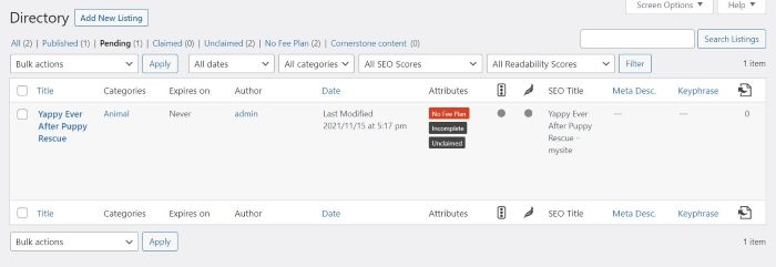 Approving pending listings in the Business Directory plugin. 