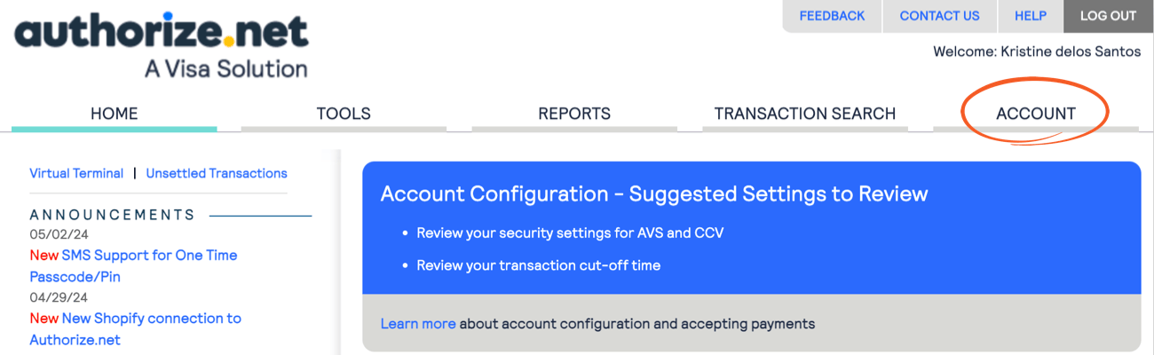 Authorize.net Account Tab