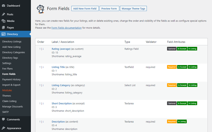An example of a few directory fields.