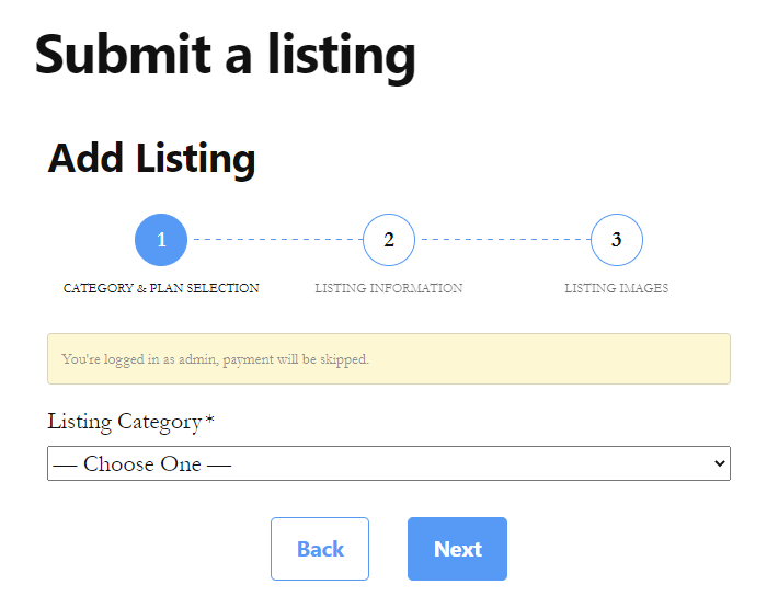 An example of what it looks like to submit a listing from the front end.